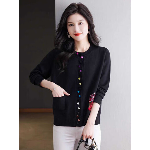 
Hengyuanxiang knitted cardigan for women with short round neck loose and fashionable mother dress. Sweater for women in 2025 new autumn and winter blue XL recommended 120-130Jin [Jin equals 0.5 kg]