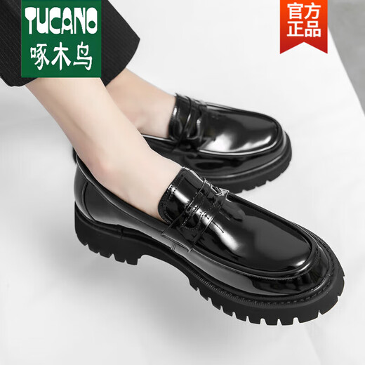 啄木鸟一脚蹬男士乐福鞋2025年新款男鞋增高厚底亮面潮流皮鞋懒人豆豆鞋 3518黑色 单层 38