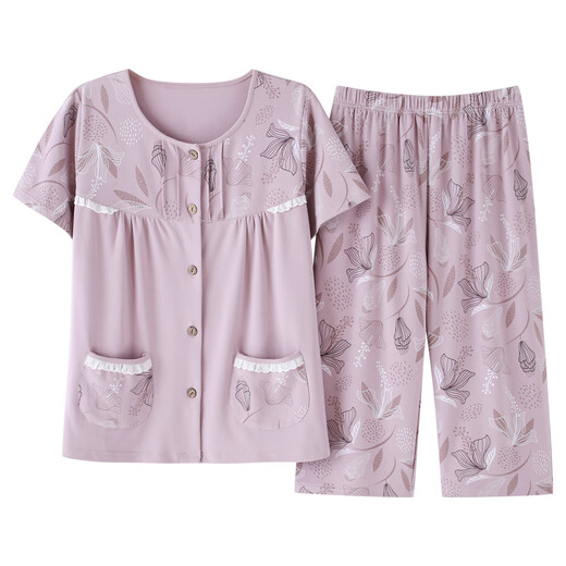 Yalu-Pyjamas für Frauen 2025 neuer Stil mittlerer Mutter mit kurzärztem Kurzärmel-Hosen Sommer-Baumwoll-Strickjacke Plus Size Home Clothing Set LM-6626 [Cardigan Style] M [vorgeschlagen 80-100jin [Jin gleich 0,5 kg]]