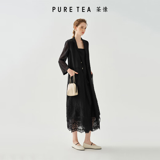 茶·愫【静奢千金】puretea茶愫西装翻领鸢尾花刺绣大摆量长外套25夏新 石墨黑 S
