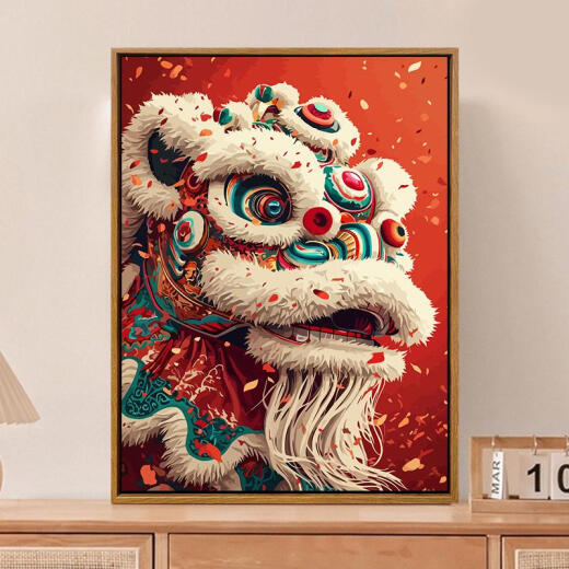 Tigre de tres abril Estilo chino Dance Lion Digital Digital Oil Pintura DIY Relleno Dragón Dragón Año Nuevo pintado al aceite pintado a mano Pintura colgante decorativa SJ13915 60*80cm Marco interno espesado + marco exterior