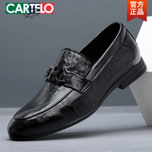 卡帝乐鳄鱼（CARTELO）豆豆鞋男真皮2025春夏新款透气英伦百搭懒人鞋黑色商务正装皮鞋男 华伦-6996黑色 43