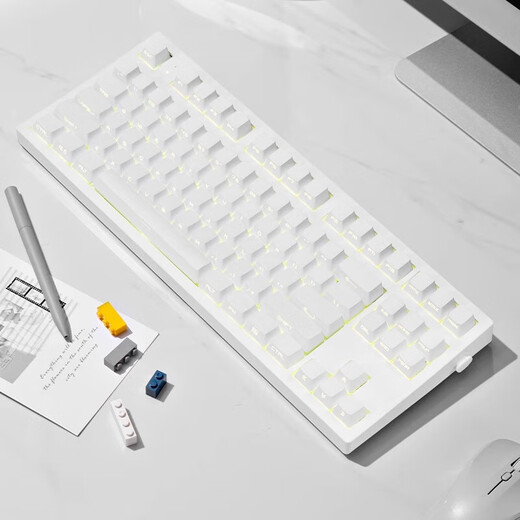 腹灵MK870纯白侧刻机械键盘成品客制化套件87键热插拔电竞游戏办公 白色三模版+纯白侧刻键帽 茶轴