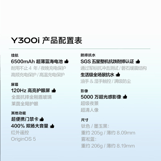vivoy300i National Subvention 6500mah Superblau Ozean Batterie 400% Dual-Sing großes Volumen 5G Full Network Neues Mobiltelefon 萌营 12 GB 256 GB Standardversion