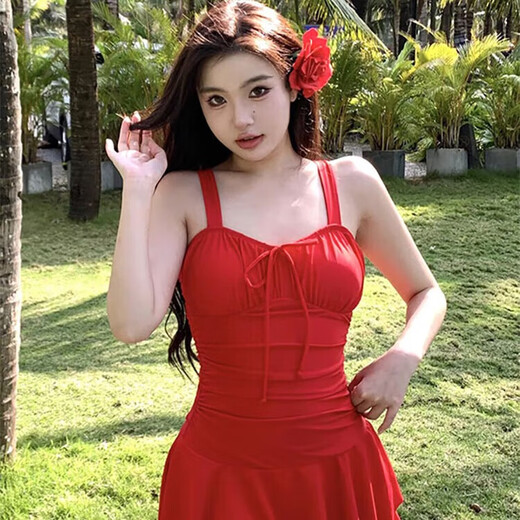 麓格立纯欲泳衣女泡温泉成人女士游泳衣连体红色性感泳装沙滩高级小众 红色泳衣送头花均码 【80-120斤】