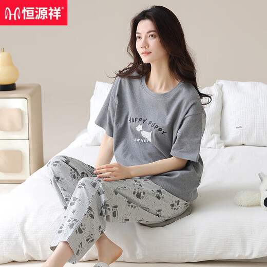 Hengyuanxiang women's pajamas for women in summer pure cotton short-sleeved trousers 2025 new summer gray casual home clothing Z9712 [Pure Cotton] M [Suggested 80-100Jin [Jin equals 0.5 kg] wear]
