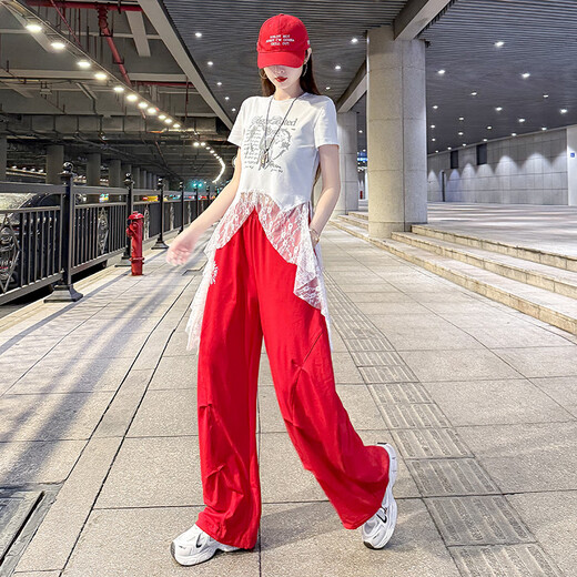 Groupe de filles coréennes Jazz Dance Performance Costume Costume adulte étudiant Red Suit Performance Costume 8827 Red Top + 6627 Pantalon blanc M [80-105Jin [Jin est égal à 0,5 kg]] Taille universelle