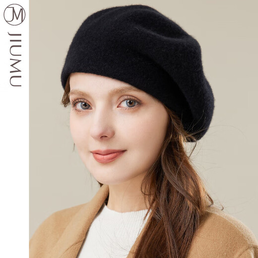 JIUMU Pure Wool Women's Beret Warm Hat Women's Autumn and Winter Versatile Women's Painter Hat Winter Girls' Beret Hat