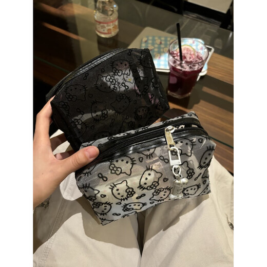 Simple and cute black mesh kitty cosmetic bag, portable large-capacity storage bag, hand-held makeup bag, stain-resistant, black flocked mesh kitty bag + small bones