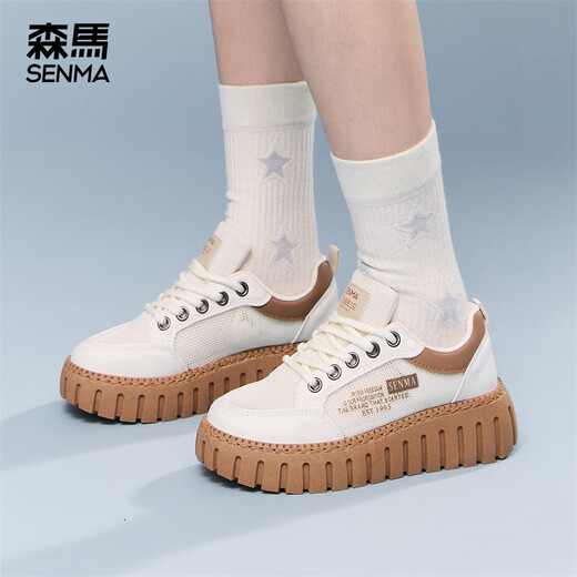 Senma mesh shoes women's shoes casual shoes low top shoes 2025 new summer versatile height-enhancing sneakers breathable white shoes beige brown 38