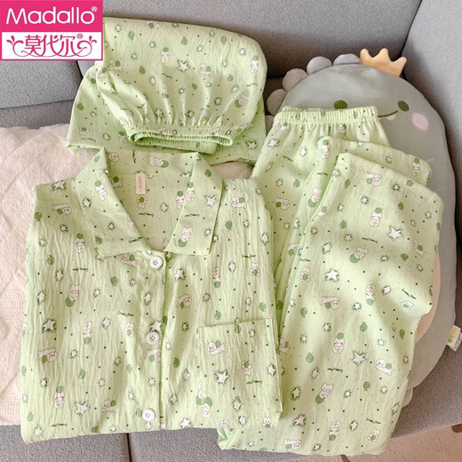 Modal green fresh pure cotton gauze pajamas for women in spring and summer short-sleeved student cute girl three-piece set home clothes Yunduo Cotton-9905# Black Love Three-piece Set M [Suggestion 75-100Jin [Jin equals 0.5 kg]]