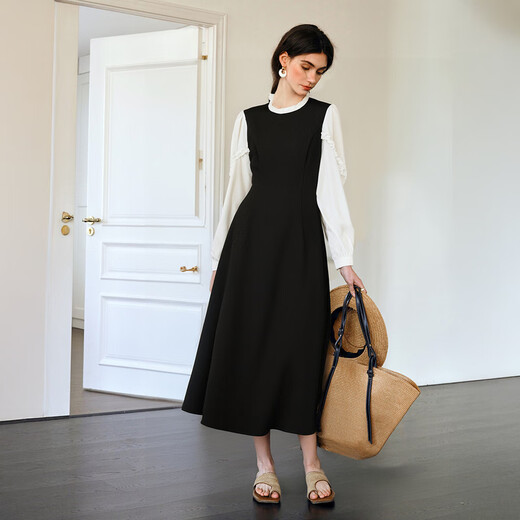 
Olrain French fake two-piece dress for women's autumn 2025 new lazy woven long-sleeved dress black M