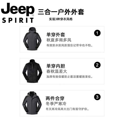 吉普（JEEP）冲锋衣女秋冬季三合一可拆卸户外防风加厚休闲运动登山服外套 女墨绿【三合一/可拆卸内胆】 M