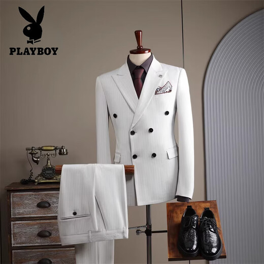 Playboy (PLAYBOY) high-end white suit men's three-piece business formal fit striped suit wedding engagement dress Xuelang White (suit + trousers + vest) XL 52