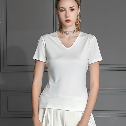 Anxiang-Seidenfaden 38 mmmi doppelseitig gestrickte Seide V-Ausschnitt Taillenschließend, damit es schlank und weiche vierseitige elastische Kurzärmel-Maulbeer-Seiden-T-Shirt B683 Beige L.