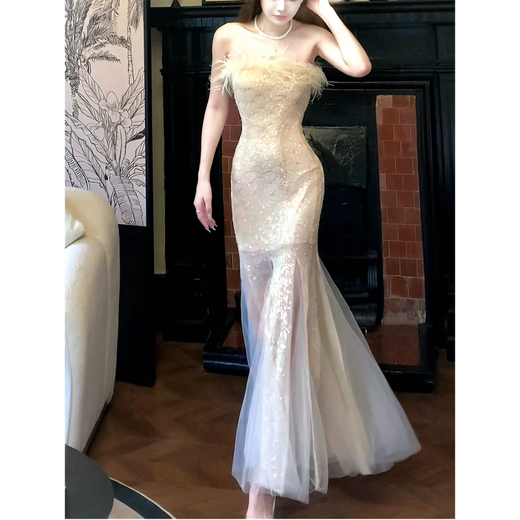 GJFDGood Job Jing Huan Feather Tube Top Mermaid Waist Dress Suspender Fishtail Skirt Temperament Dress Jing Huan S (Detachable Shoulder Strap)