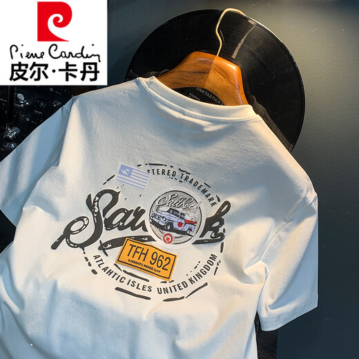 皮尔卡丹（pierre cardin）白色T恤男夏季新款高端潮流印花t恤美式轻奢新疆棉舒适短袖T恤衫 香槟色 【JSW9906香槟色】 M 适合90-108斤穿