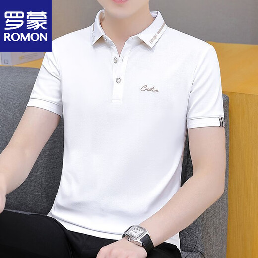 Romon Summer NUEVA Camiseta de la solapa de manga corta para hombres Polo Trendy Casual Media manga Handsome Men's Collar Camiseta 679 White M [sugerido 95-115Jin [Jin iguala 0.5 kg]]]