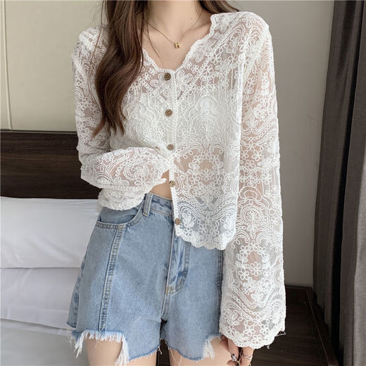 FOURDATRY hollow cardigan thin women's outer blouse summer new lace crochet shawl fairy top jacket apricot one size 75Jin Jin equals 0.5kg -120Jin Jin equals 0.5kg