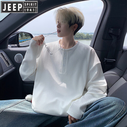 JEEP SPIRIT Jeep Henry collar black men's long-sleeved t-shirt spring and autumn tops 2025 sweatshirt men's inner layering shirt trendy white L