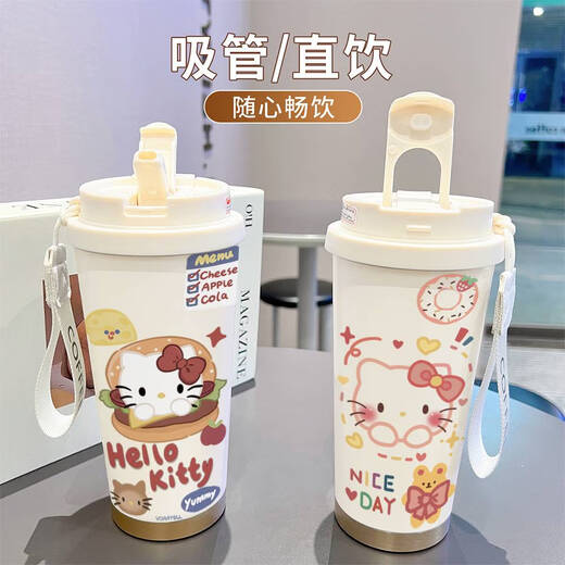 三栖虎卡通凯蒂猫保温杯不锈钢学生高颜值办公咖啡杯大容量水杯 【食品级不锈钢】古董白-BXAB13782KT猫 201不锈钢+内胆+不锈钢