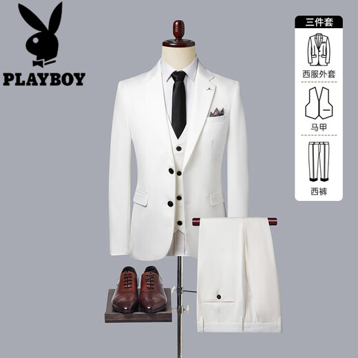 Playboy commuter business large size two-button suit suit men's high-end Korean style slim formal casual suit three-piece suit white three-piece suit XL