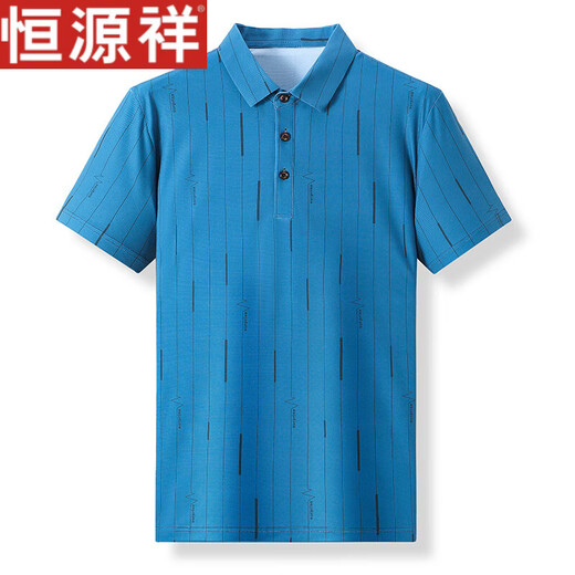 恒源祥高端短袖T恤男冰丝潮牌翻领POLO衫中青年休闲宽松竖条纹t 蓝色 DN6625 2XL 180