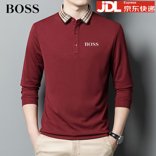 BOSS Men's 24 new autumn embroidered logo decorative cotton bottoming long-sleeved T-shirt polo shirt men's large size red L 170 120-140Jin Jin equals 0.5 kg