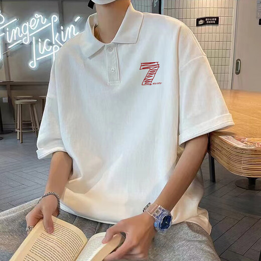 Semir American heavy lapel polo shirt men's short-sleeved summer ins trendy brand trendy casual loose half-sleeved T-shirt top [3899-Lion Dance] White 2XL 150-170Jin [Jin equals 0.5 kg]
