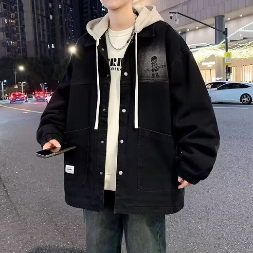 Handsome denim jacket men's spring and autumn trendy brand ins hooded loose versatile coat trendy Korean style fake two-piece top black L