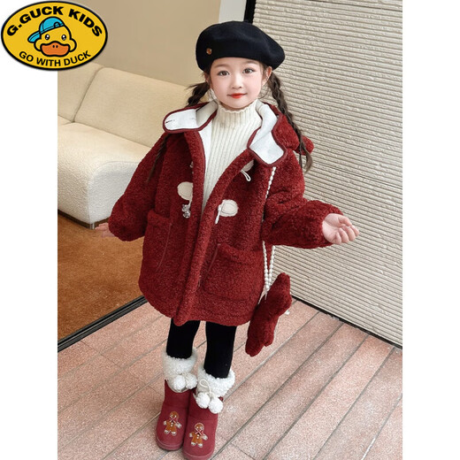 G.DUCKKIDS Mädchen-Lammwolljacke Herbst und Winter 2024, neuer Baby-Stil, plus samtverdickter Kinderpelzmantel, Winter, Angorarot, inklusive Tasche, 110 cm