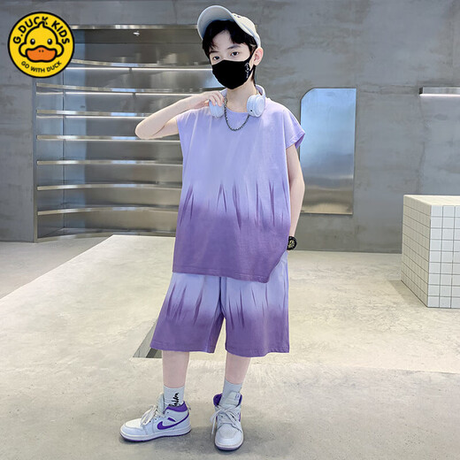 G.DUCK男童背心夏装套装2025新款网红儿童夏季无袖运动服薄款中大童夏款 TZK687-绿色套装 140 建议身高130-140厘米