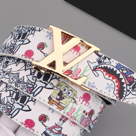 新款时尚男士皮带真皮休闲百搭字母涂鸦自动扣腰带牛仔裤潮流网红 海绵宝宝自动扣+金扣可以裁剪 120cm