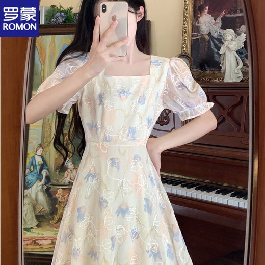 
ROMON French temperament square collar large size dress for women in summer 2025 new high-end style waist-hugging and slimming first love long skirt. Rattan flower light green [version good droop] L [105-115Jin [Jin equals about 0.5 kg]]