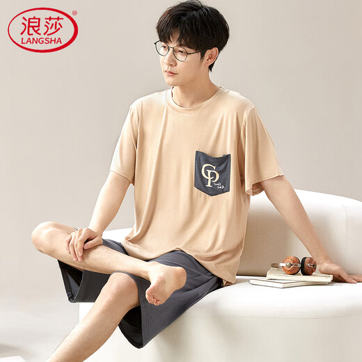 浪莎（LangSha）莫代尔睡衣男夏短袖长裤薄款棉绸家居服男款夏天加肥大码冰丝套装 6624 4XL