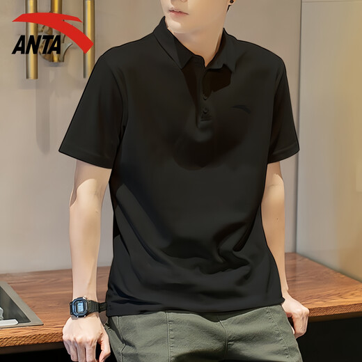 安踏短袖男POLO衫夏季新款宽松男士t恤轻薄款透气运动服黑色上衣男装 曜石黑 XL