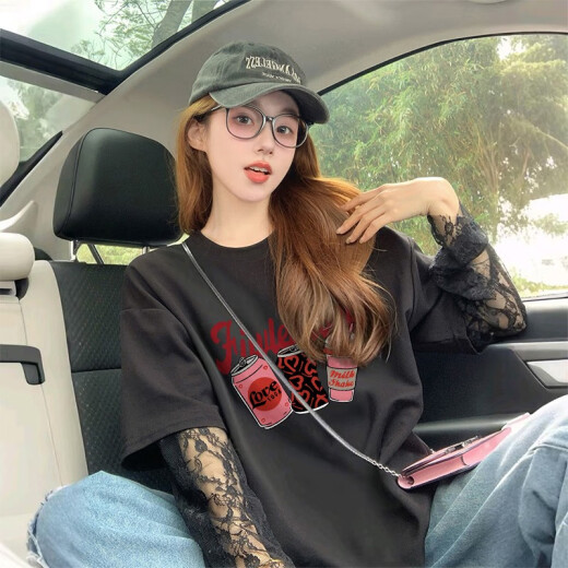 酷章（KUZHANG）网红炸街涂鸦宽松假两件纯棉t恤女2025蕾丝拼接显瘦防晒上衣 af7029 白色 M 建议110斤内