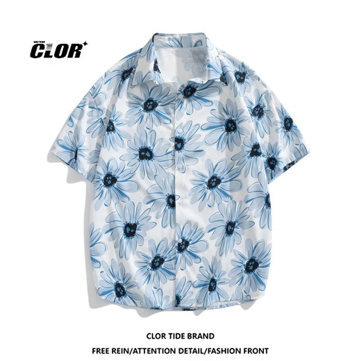 CLOR American ice silk shirt men's spring and summer printed short-sleeved shirt loose jacket CLCX11 Blue Rhyme Flower 2XL