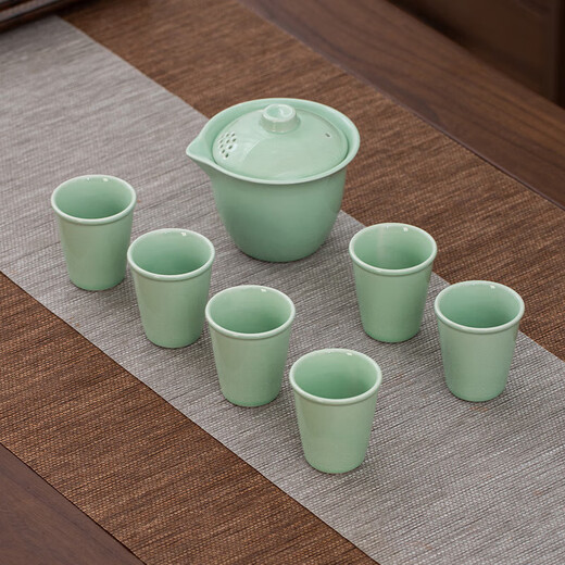 Celadon handle teapot Kung Fu tea set ceramic household simple teapot tea cup complete set Japanese style small set 7-head celadon hand holding pot flat cup