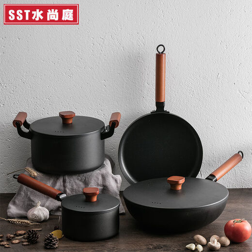 Wrought iron pot set, all-purpose combination three-piece set, household non-stick pan, gas stove, induction cooker wok set, coated four-piece set