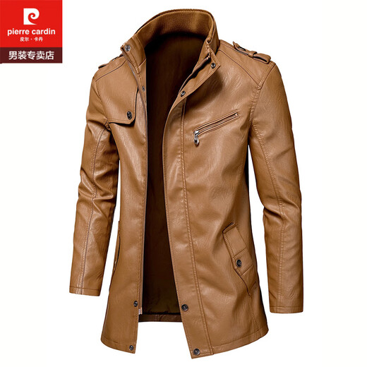 Pierre Cardin leather jacket men's mid-length casual high-end trendy brand leather jacket coat handsome plus size motorcycle windbreaker black S 130-145Jin Jin is equal to 0.5 kg