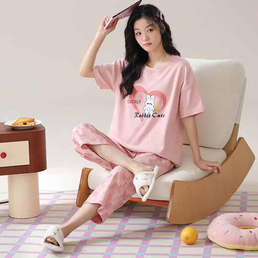 
Victoria's style women's summer pure cotton pajamas new V-neck short-sleeved cropped pants loose and casual can be worn outside home clothing set 9855 (short sleeves + shorts) M size recommendation (80-100Jin [Jin equals 0.5 kg])