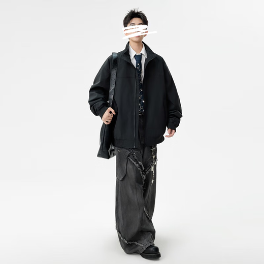 Homlean solid color jacket men's autumn versatile loose top stand collar fashion jacket casual versatile HK16 black L