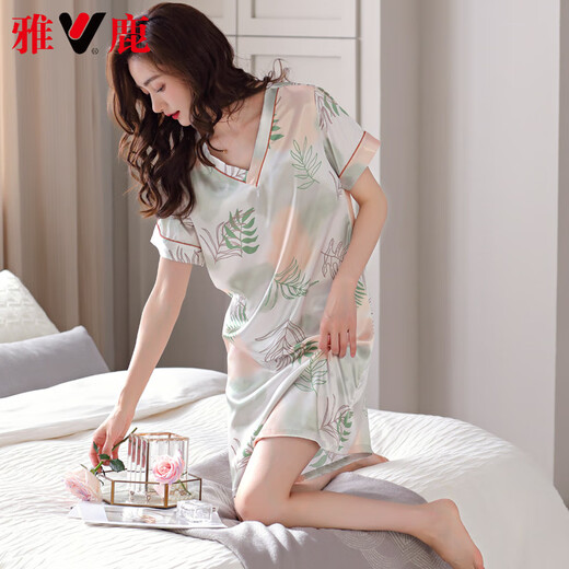 雅鹿高档2025年真丝睡裙女款夏季缎面短袖性感家居服宽松薄款可外穿 白橡色 9923 M 160