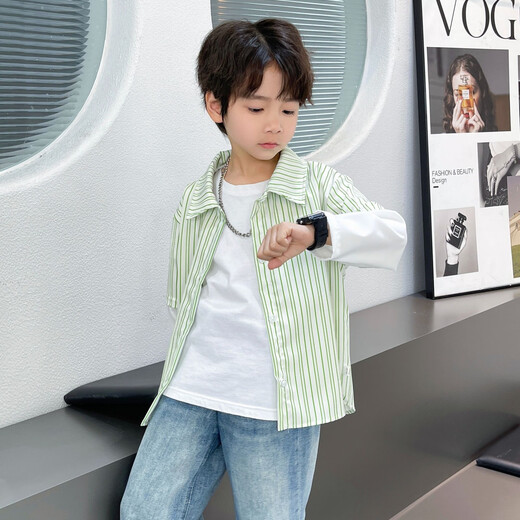 Boys' long-sleeved summer fake two-piece shirt new lapel cardigan medium and large children's trendy striped top shirt 216 fake two-piece shirt red Haozhiyuan top 160 cm