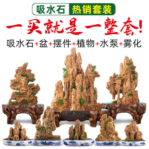 Water-absorbing stone, natural water-absorbing stone, bonsai original stone, water-absorbing stone, rockery stone, running water fountain, fish tank, stone landscaping stone installation. Buy the complete set (stone + basin + ornaments) and get free grass seeds and stones. 10-14cm water-absorbing stone