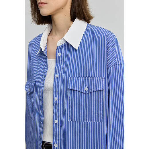 LILY2025 autumn new style classic pinstripe contrasting lapel loose casual relaxed blue shirt jacket for women 401 blue M
