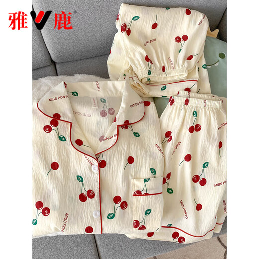 Pajama de gasa de algodón puro de Yalu para mujeres pantalones de manga corta Juego de tres piezas Sweet Cherry Cardigan Cardigan Home Spring y Autumn Yunduo Cotton-J9901# Paradise Puppy Tres piezas M [Sugerencia 75-100Jin [Jin equivale a 0.5 kg]]]