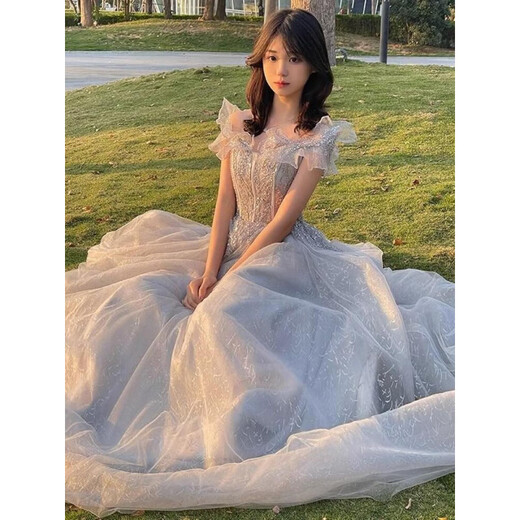 Ayub high-end evening dress women's one-shoulder adult ceremony banquet temperament slimming light luxury niche art test host skirt S