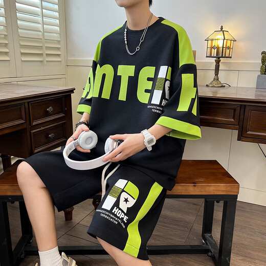 VZVJ Jugendsommer-Sommer-Anzug Sommer Teen kurzärmeliger Sportanzug Männer Zwei-teiliger Set plus Fett Plus Size Student Casual D679 Kurzärärmelte Shorts Anzug schwarz m